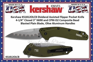 Kershaw Knives KS1812OLCB Dividend Assisted Flipper Knife 3" N690 and CPM-D2 Composite Bead Blasted Plain Blade, Olive Aluminum Handles Kershaw Knives KS1812OLCB Dividend Assisted Flipper Knife 3" N690 and CPM-D2 Composite Bead Blasted Plain Blade, Olive Aluminum Handles