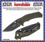 Kershaw Knives KS1870OLBLK Knockout Assisted Flipper Knife 3.25" Black Plain Blade, Olive Drab Aluminum Handles