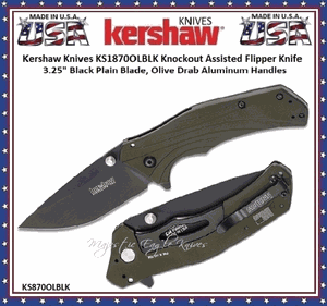 Kershaw Knives KS1870OLBLK Knockout Assisted Flipper Knife 3.25" Black Plain Blade, Olive Drab Aluminum Handles
