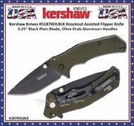 Kershaw Knives KS1870OLBLK Knockout Assisted Flipper Knife 3.25" Black Plain Blade, Olive Drab Aluminum Handles Kershaw Knives KS1870OLBLK Knockout Assisted Flipper Knife 3.25" Black Plain Blade, Olive Drab Aluminum Handles