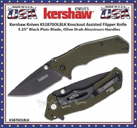 Kershaw Knives KS1870OLBLK Knockout Assisted Flipper Knife 3.25" Black Plain Blade, Olive Drab Aluminum Handles Kershaw Knives KS1870OLBLK Knockout Assisted Flipper Knife 3.25" Black Plain Blade, Olive Drab Aluminum Handles