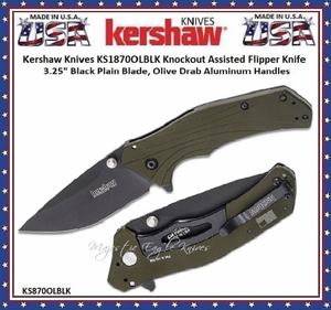 Kershaw Knives KS1870OLBLK Knockout Assisted Flipper Knife 3.25" Black Plain Blade, Olive Drab Aluminum Handles Kershaw Knives KS1870OLBLK Knockout Assisted Flipper Knife 3.25" Black Plain Blade, Olive Drab Aluminum Handles