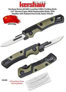 Kershaw Knives KS1891 LoneRock RBK 2 Folding Pocket Knife 2.8" Skinner/Caper #60A Replaceable Blade, GFN Handles with Rubbed Overmold, Nylon Sheath