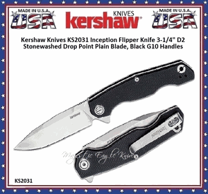 Kershaw Knives KS2031 Inception Flipper Knife 3-1/4" D2 Stonewashed Drop Point Plain Blade, Black G10 Handles