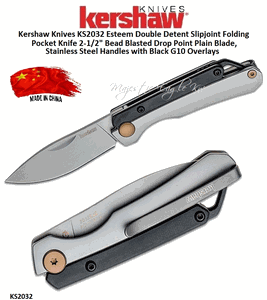 Kershaw Knives KS2032 Esteem Double Detent Slipjoint Folding Pocket Knife 2-1/2" Bead Blasted Drop Point Plain Blade, Stainless Steel Handles with Black G10 Overlays