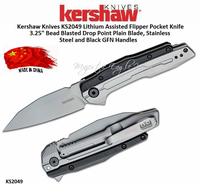 Kershaw Knives KS2049 Lithium Assisted Flipper Knife 3.25" Bead Blasted Drop Point Blade, Stainless Steel and Black GFN Handles Kershaw Knives KS2049 Lithium Assisted Flipper Knife 3.25" Bead Blasted Drop Point Blade, Stainless Steel and Black GFN Handles