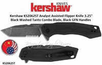 Kershaw Knives KS2062ST Analyst Assisted Flipper Knife 3-1/4" Black Washed Tanto Combo Blade, Black GFN Handles Kershaw Knives KS2062ST Analyst Assisted Flipper Knife 3-1/4" Black Washed Tanto Combo Blade, Black GFN Handles