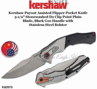 Kershaw Knives KS2075 Kershaw Payout Assisted Flipper Pocket Knife 3-1/2" Stonewashed D2 Clip Point Plain Blade, Black G10 Handle with Stainless Steel Bolster Kershaw Knives KS2075 Kershaw Payout Assisted Flipper Pocket Knife 3-1/2" Stonewashed D2 Clip Point Plain Blade, Black G10 Handle with Stainless Steel Bolster