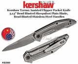 Kershaw Knives KS2080 Kershaw Terran Assisted Flipper Pocket Knife 3.13" Bead Blasted Sheepsfoot Blade, Bead Blasted Stainless Steel Handles