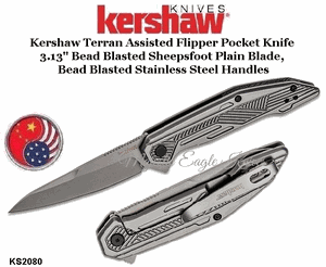 Kershaw Knives KS2080 Kershaw Terran Assisted Flipper Pocket Knife 3.13" Bead Blasted Sheepsfoot Blade, Bead Blasted Stainless Steel Handles