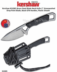 Kershaw Knives KS2085 Brace Fixed Blade Neck Knife 2" Stonewashed Drop Point Blade, Black GFN Handles, Plastic Sheath Kershaw Knives KS2085 Brace Fixed Blade Neck Knife 2" Stonewashed Drop Point Blade, Black GFN Handles, Plastic Sheath