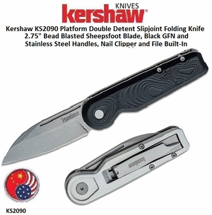 Kershaw Knives KS2090 Platform Double Detent Slipjoint Folding Knife 2.75" Bead Blasted Sheepsfoot Blade, Black GFN and Stainless Steel Handles, Nail Clipper and File Built-In Kershaw Knives KS2090 Platform Double Detent Slipjoint Folding Knife 2.75" Bead Blasted Sheepsfoot Blade, Black GFN and Stainless Steel Handles, Nail Clipper and File Built-In