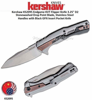 Kershaw Knives KS2095 Endgame KVT Flipper Knife 3.25" D2 Stonewashed Drop Point Blade, Stainless Steel Handles with Black GFN Insert