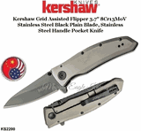Kershaw Knives KS2200 Kershaw Grid Assisted Flipper 3.7" 8Cr13MoV Stainless Steel Black Plain Blade, Stainless Steel Handle Pocket Knife