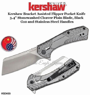Kershaw Knives KS3445 Kershaw Bracket Assisted Flipper Pocket Knife 3.4" Stonewashed Cleaver Plain Blade, Black G10 and Stainless Steel Handles Kershaw Knives KS3445 Kershaw Bracket Assisted Flipper Pocket Knife 3.4" Stonewashed Cleaver Plain Blade, Black G10 and Stainless Steel Handles
