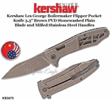 Kershaw Knives KS3475 Kershaw Les George Boilermaker Flipper Pocket Knife 3.3" Brown PVD Stonewashed Plain Blade and Milled Stainless Steel Handles