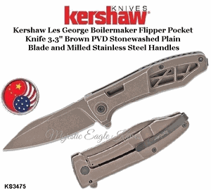Kershaw Knives KS3475 Kershaw Les George Boilermaker Flipper Pocket Knife 3.3" Brown PVD Stonewashed Plain Blade and Milled Stainless Steel Handles