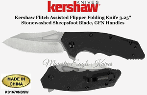 Kershaw Knives KS3930 Kershaw Flitch Assisted Flipper 3.25" Stonewashed Sheepsfoot Plain Blade, GFN Handles