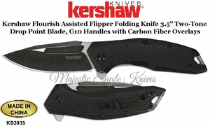 Kershaw Knives KS3935 Kershaw Flourish Assisted Flipper 3.5" Two-Tone Drop Point Blade, G10 Handles w/Carbon Fiber Overlays