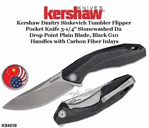  Kershaw Knives KS4038 Kershaw Dmitry Sinkevich Tumbler Flipper Pocket Knife 3-1/4" Stonewashed D2 Drop Point Plain Blade, Black G10 Handles with Carbon Fiber Inlays