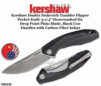Kershaw Knives KS4038 Kershaw Dmitry Sinkevich Tumbler Flipper Pocket Knife 3-1/4" Stonewashed D2 Drop Point Plain Blade, Black G10 Handles with Carbon Fiber Inlays Kershaw Knives KS4038 Kershaw Dmitry Sinkevich Tumbler Flipper Pocket Knife 3-1/4" Stonewashed D2 Drop Point Plain Blade, Black G10 Handles with Carbon Fiber Inlays