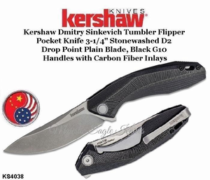 Kershaw Knives KS4038 Kershaw Dmitry Sinkevich Tumbler Flipper Pocket Knife 3-1/4" Stonewashed D2 Drop Point Plain Blade, Black G10 Handles with Carbon Fiber Inlays Kershaw Knives KS4038 Kershaw Dmitry Sinkevich Tumbler Flipper Pocket Knife 3-1/4" Stonewashed D2 Drop Point Plain Blade, Black G10 Handles with Carbon Fiber Inlays