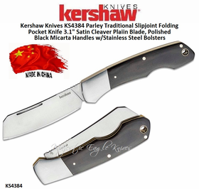 Kershaw Knives KS4384 Parley Traditional Slipjoint Folding Pocket Knife 3.1" Satin Cleaver Plaiin Blade, Polished Black Micarta Handles w/Stainless Steel Bolsters