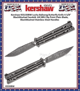 Kershaw Knives KS5150BW Lucha Balisong Butterfly Knife 4.6" BlackWashed Sandvik 14C28N Clip Point Blade, and Stainless Steel Handles