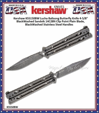 Kershaw Knives KS5150BW Lucha Balisong Butterfly Knife 4.6" BlackWashed Sandvik 14C28N Clip Point Blade, and Stainless Steel Handles Kershaw Knives KS5150BW Lucha Balisong Butterfly Knife 4.6" BlackWashed Sandvik 14C28N Clip Point Blade, and Stainless Steel Handles
