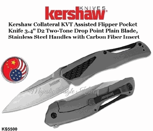  Kershaw Knives KS5500 Kershaw Collateral KVT Assisted Flipper Pocket Knife 3.4" D2 Two-Tone Drop Point Plain Blade, Stainless Steel Handles with Carbon Fiber Insert
