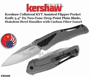 Kershaw Knives KS5500 Kershaw Collateral KVT Assisted Flipper Pocket Knife 3.4" D2 Two-Tone Drop Point Plain Blade, Stainless Steel Handles with Carbon Fiber Insert Kershaw Knives KS5500 Kershaw Collateral KVT Assisted Flipper Pocket Knife 3.4" D2 Two-Tone Drop Point Plain Blade, Stainless Steel Handles with Carbon Fiber Insert