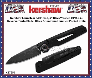 Kershaw Knives KS7550 Kershaw Launch 11 AUTO 2-3/4" BlackWashed CPM-154 Reverse Tanto Blade, Black Aluminum Handled Pocket Knife