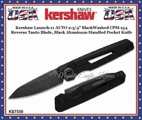 Kershaw Knives KS7550 Kershaw Launch 11 AUTO 2-3/4" BlackWashed CPM-154 Reverse Tanto Blade, Black Aluminum Handled Pocket Knife
