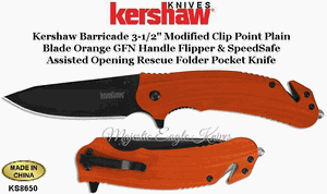 Kershaw Knives KS8650 Kershaw Barricade 3-1/2" Modified Clip Point Plain Blade Orange GFN Handle Flipper & SpeedSafe Assisted Opening Rescue Folder Knife