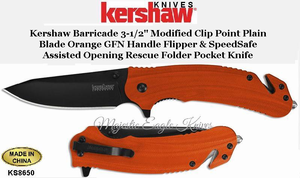 Kershaw Knives KS8650 Kershaw Barricade 3-1/2" Modified Clip Point Plain Blade Orange GFN Handle Flipper & SpeedSafe Assisted Opening Rescue Folder Knife Kershaw Knives KS8650 Kershaw Barricade 3-1/2" Modified Clip Point Plain Blade Orange GFN Handle Flipper & SpeedSafe Assisted Opening Rescue Folder Knife