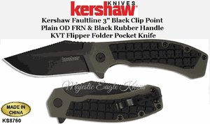 Kershaw Knives KS8760 Kershaw Faultline 3" Black Clip Point Plain OD FRN & Black Rubber Handle KVT Flipper Folder Pocket Knife