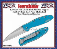 Kershaw KS1660TEAL Kershaw Ken Onion Leek Assisted Flipper Knife 3" Bead Blast Plain Blade, Teal Blue Aluminum Handles Kershaw KS1660TEAL Kershaw Ken Onion Leek Assisted Flipper Knife 3" Bead Blast Plain Blade, Teal Blue Aluminum Handles