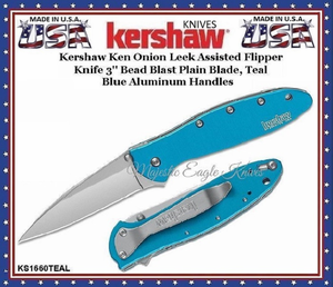 Kershaw KS1660TEAL Kershaw Ken Onion Leek Assisted Flipper Knife 3" Bead Blast Plain Blade, Teal Blue Aluminum Handles