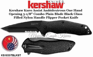 Kershaw KS1835TBLKST Kershaw Kuro Assist Ambidextrous One Hand Opening 3-1/8" Combo Plain Blade Black Glass Filled Nylon Handle Flipper Pocket Knife