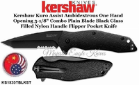 Kershaw KS1835TBLKST Kershaw Kuro Assist Ambidextrous One Hand Opening 3-1/8" Combo Plain Blade Black Glass Filled Nylon Handle Flipper Pocket Knife Kershaw KS1835TBLKST Kershaw Kuro Assist Ambidextrous One Hand Opening 3-1/8" Combo Plain Blade Black Glass Filled Nylon Handle Flipper Pocket Knife