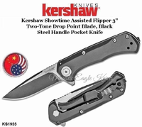 Kershaw KS1955 Kershaw Showtime Assisted Flipper 3" Two-Tone Drop Point Blade, Black Steel Handle Pocket Knife Kershaw KS1955 Kershaw Showtime Assisted Flipper 3" Two-Tone Drop Point Blade, Black Steel Handle Pocket Knife