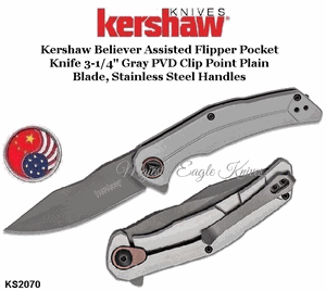 Kershaw KS2070 Kershaw Believer Assisted Flipper Pocket Knife 3-1/4" Gray PVD Clip Point Plain Blade, Stainless Steel Handles 
