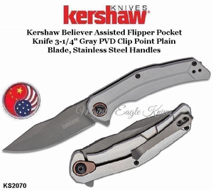 Kershaw KS2070 Kershaw Believer Assisted Flipper Pocket Knife 3-1/4" Gray PVD Clip Point Plain Blade, Stainless Steel Handles Kershaw KS2070 Kershaw Believer Assisted Flipper Pocket Knife 3-1/4" Gray PVD Clip Point Plain Blade, Stainless Steel Handles