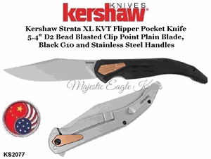 Kershaw KS2077 Kershaw Strata XL KVT Flipper Knife 5.4 " D2 Bead Blasted Clip Point Plain Blade, Black G10 and Stainless Steel Handles