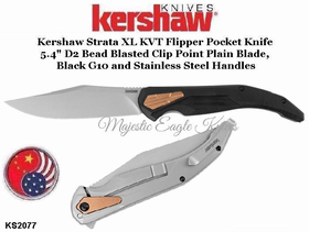 Kershaw KS2077 Kershaw Strata XL KVT Flipper Knife 5.4 " D2 Bead Blasted Clip Point Plain Blade, Black G10 and Stainless Steel Handles
