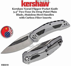  Kershaw KS5510 Kershaw Norad Flipper Pocket Knife 3.3" Two-Tone D2 Drop Point Plain Blade, Stainless Steel Handles with Carbon Fiber Inserts