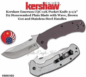  Kershaw KS6031D2 Kershaw Emerson CQC-11K Pocket Knife 3-1/2" D2 Stonewashed Plain Blade with Wave, Brown G10 and Stainless Steel Handles