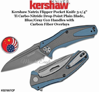 Kershaw KS7007CF Kershaw Natrix Flipper Pocket Knife 3.25" Ti Carbo-Nitride Drop Point Plain Blade, Blue/Gray G10 Handles with Carbon Fiber Overlays Kershaw KS7007CF Kershaw Natrix Flipper Pocket Knife 3.25" Ti Carbo-Nitride Drop Point Plain Blade, Blue/Gray G10 Handles with Carbon Fiber Overlays