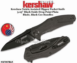 Kershaw KS7007BLK Kershaw Natrix Assisted Flipper Pocket Knife 3.25" Black Oxide Drop Point Plain Blade, Black G10 Handles