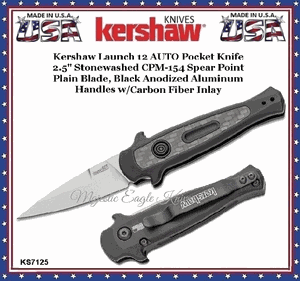 Kershaw KS7125 Kershaw Launch 12 AUTO Pocket Knife 2.5" Stonewashed CPM-154 Spear Point Plain Blade, Black Anodized Aluminum Handles w/ Carbon Fiber Inlay